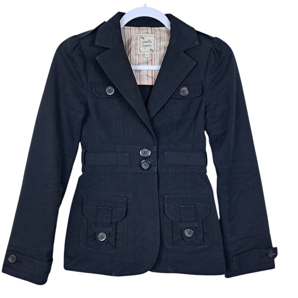 NANETTE LEPORE Sz 0 Black Belted Safari Military Style Blazer Jacket Preppy Edgy